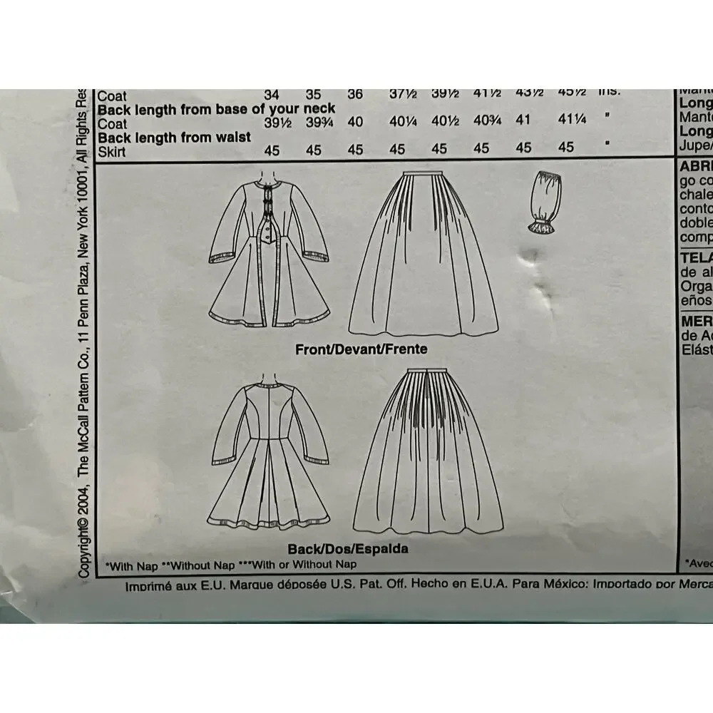 McCalls 4697 pattern Civil War era coat skirt shawl size 6 8 10 12